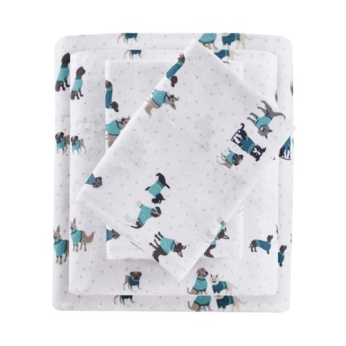 Cozy Soft 100% Cotton Flannel Print Animals Stars Cute Warm, Queen Teal Dogs gallery