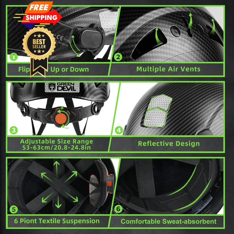 GREEN DEVIL Hard Hat Safety Helmet with Rechargeable Medium, Matte Black gallery