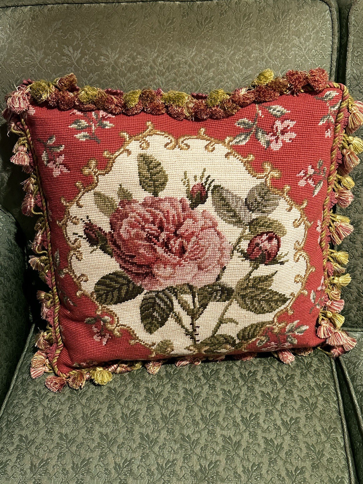 WOOL Needlepoint PETIT POINT w/Tassel Trim AUBUSSON Throw Pillow Roses 18x18 gallery
