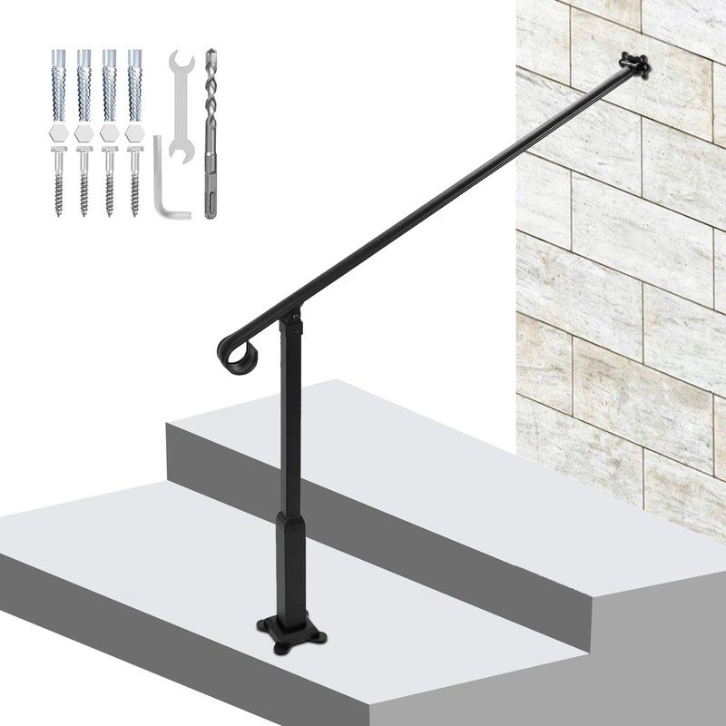 Step Handrail Fit 1-2 Steps Wall-to-Floor Mounted Wrought Iron Handrail gallery