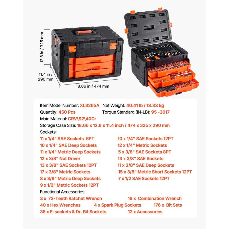 Mechanics Tool Set Socket Set 450Pcs 1/4 3/8 1/2 in Drive Orange Drawer gallery