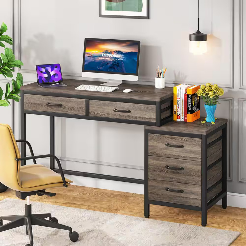 Cassey 51 In. Rectangular Industrial Gray Wood 5-Drawer Computer Desk, Reversibl gallery