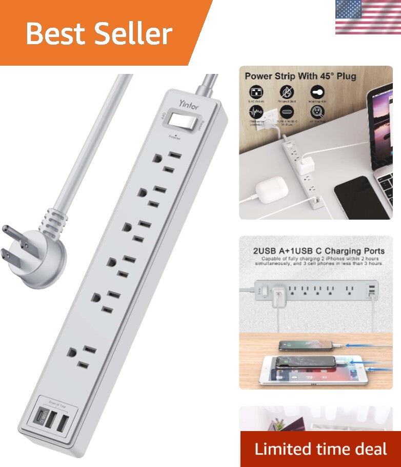 1680J Surge Protector with 6 AC Outlets & 3 USB Ports - 6ft Grey Extension Cord gallery