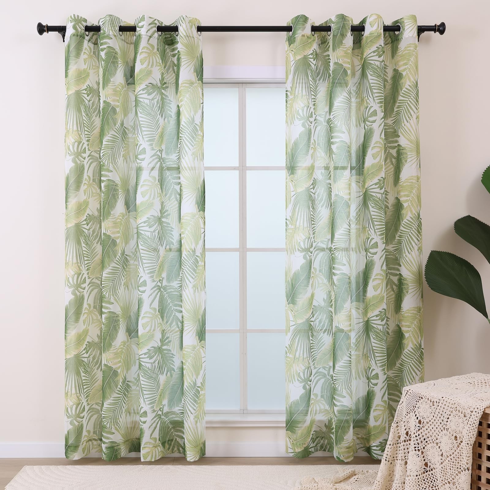 Green Sheer Patterned Curtains 72 Inch Length for Living Room 2 Panels Set Mo... gallery