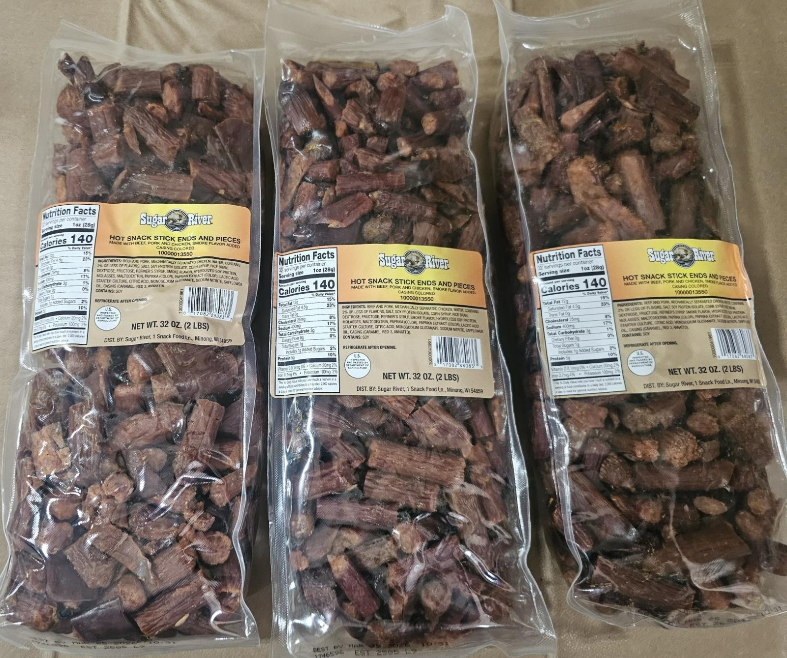 3 X 2LB/ea SUGAR RIVER *HOT* Meat Snack Sticks Sealed bag "loose" EXP 12.1.26 gallery