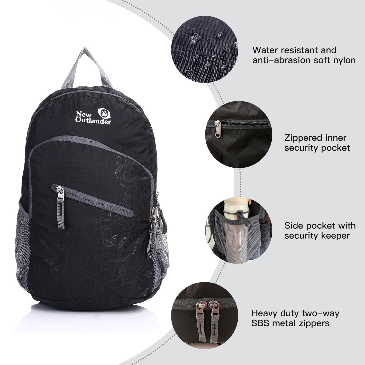 Black Packable Handy Lightweight Travel Hiking Backpack Daypack 3