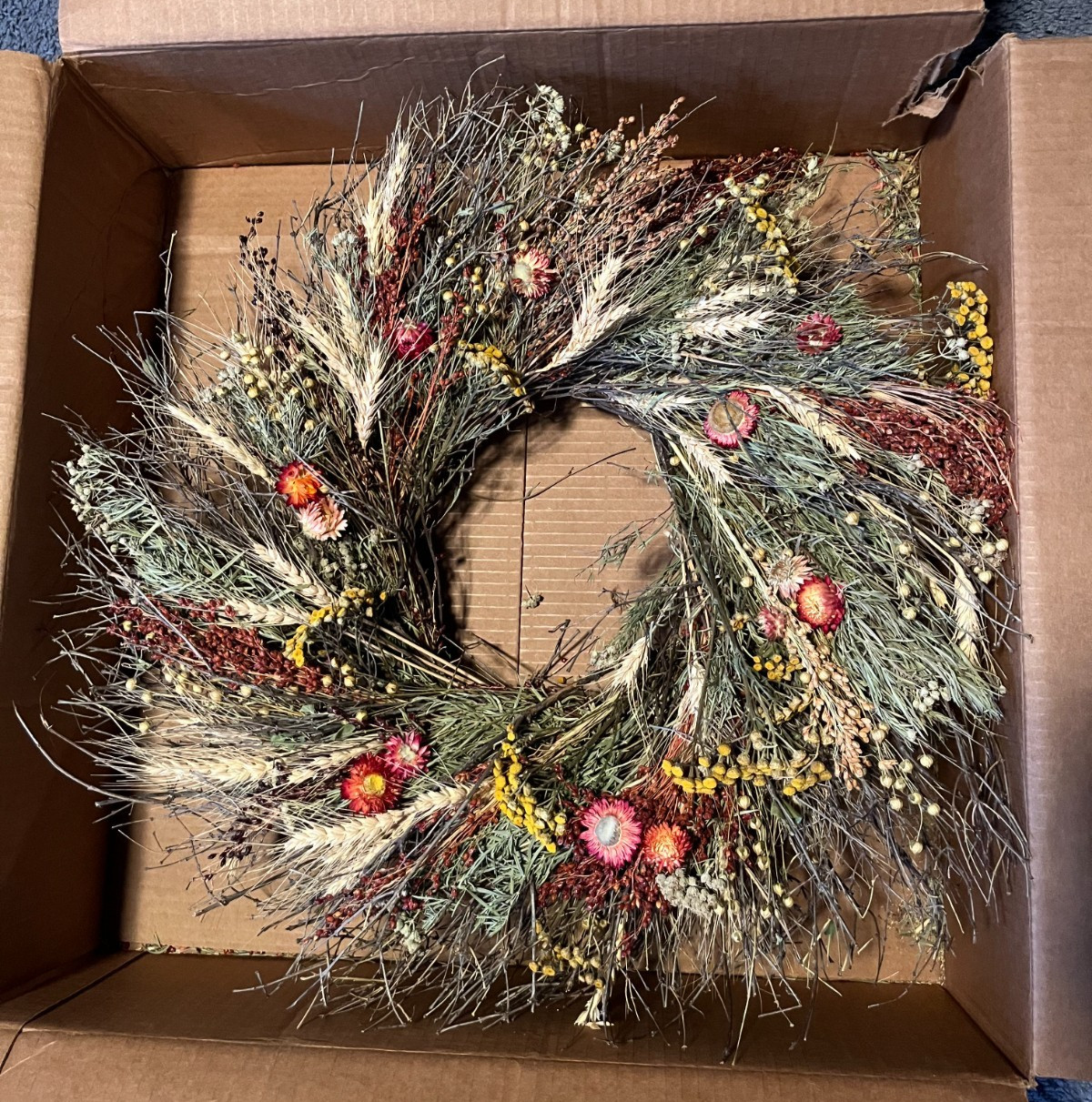 BEAUTIFUL Summer Fall Natural Dried Flower Wheat Wreath 22" EXCELLENT gallery