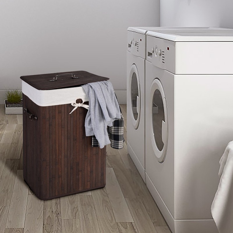 Costway Rectangle Bamboo Hamper Laundry Basket Washing Cloth Bin Lid Brown gallery
