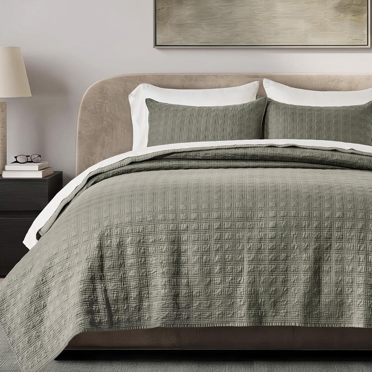EVERGRACEHOME Windowpane Cotton Sateen Quilt Set Queen 92"x96" New gallery