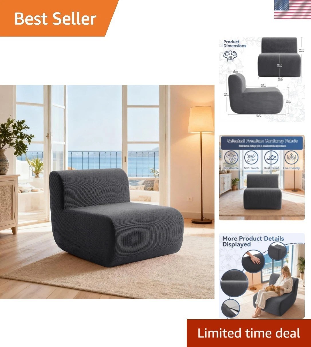 Cloud-Like Comfort: 26'' Boneless Sofa, Ergonomic & Tool-Free Setup in Dark Gray gallery