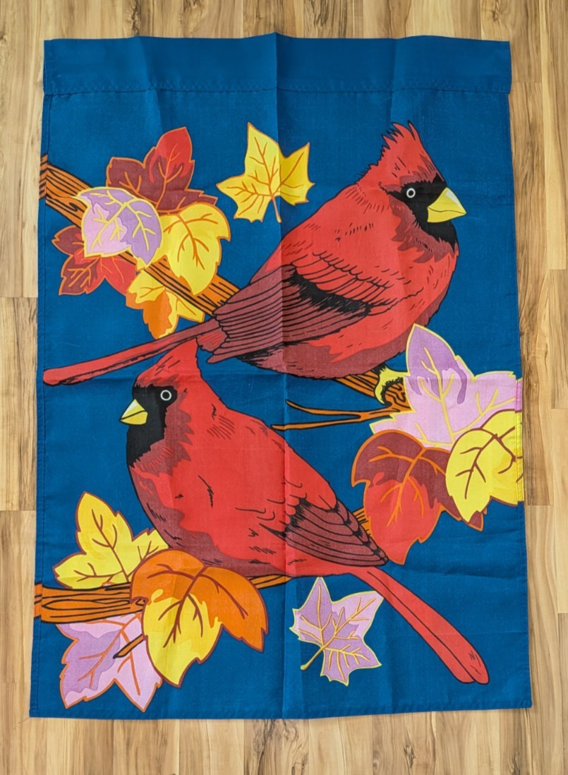Two Cardinals & Autumn Leaves Fall Yard House Classroom Flag 41 x 29 Inches gallery