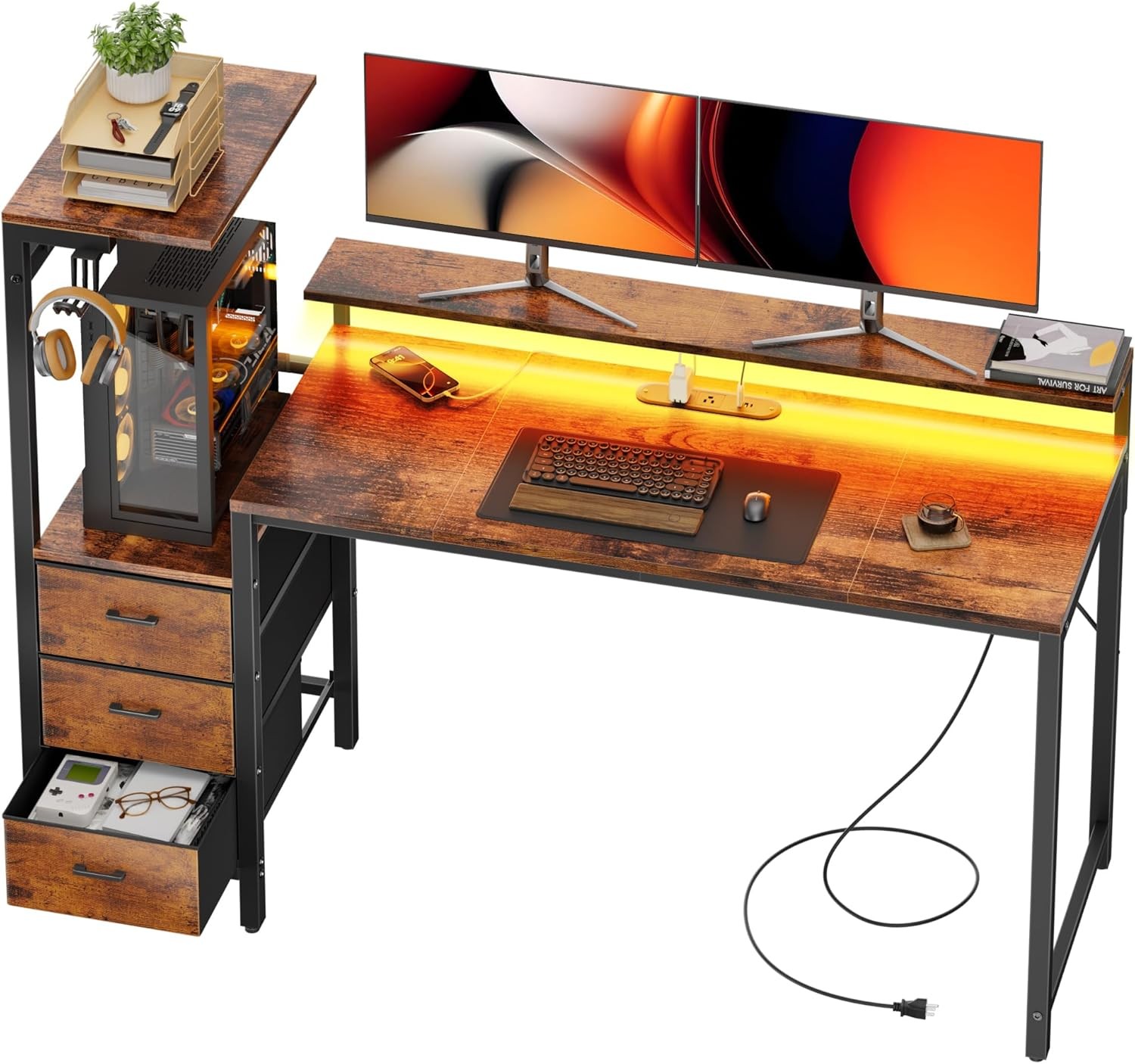 Gaming Desk with Led Lights , Outlets & 3 Drawers, Home Office Desk with Shelves gallery