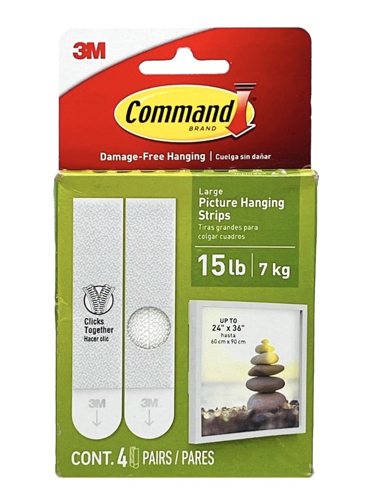 3M Command Large Picture Hanging Strips White 4 Pair (8 Strips) Holds 15 lbs