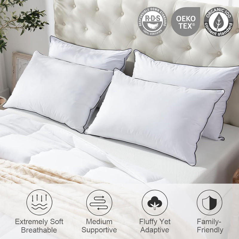 Luxury Medium Firm Feather Down Pillows Set of 2, Queen Size, Organic Cotton gallery