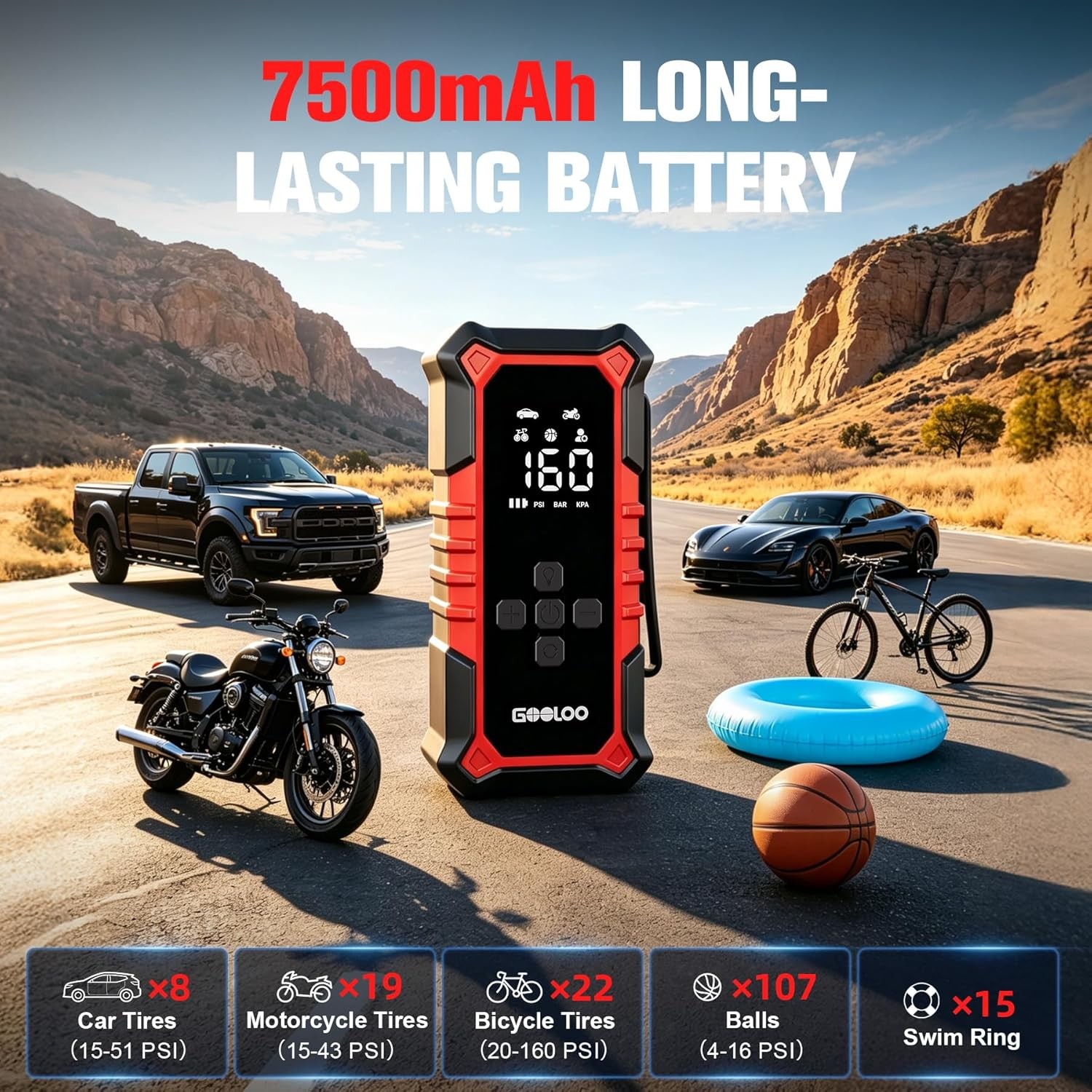 Portable Cordless 160 PSI 7500mAh Air Compressor Tire Inflator for Cars gallery