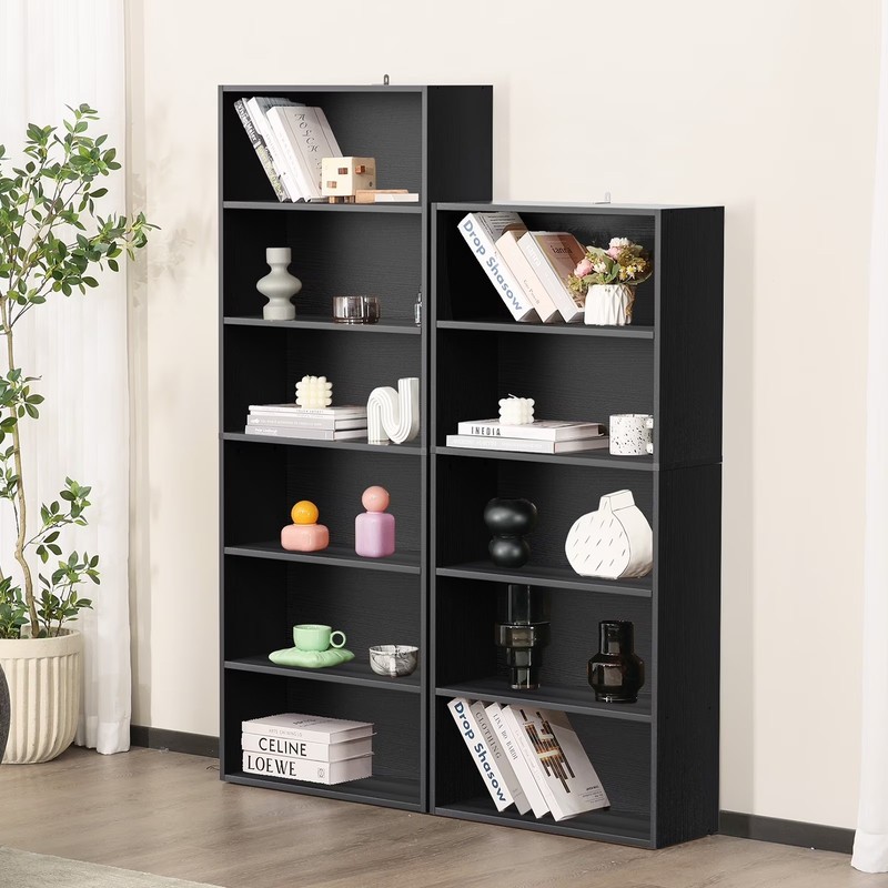 6-Tier Bookcase 63in Adjustable Shelves Anti-Tip Floor Standing Black Wood gallery