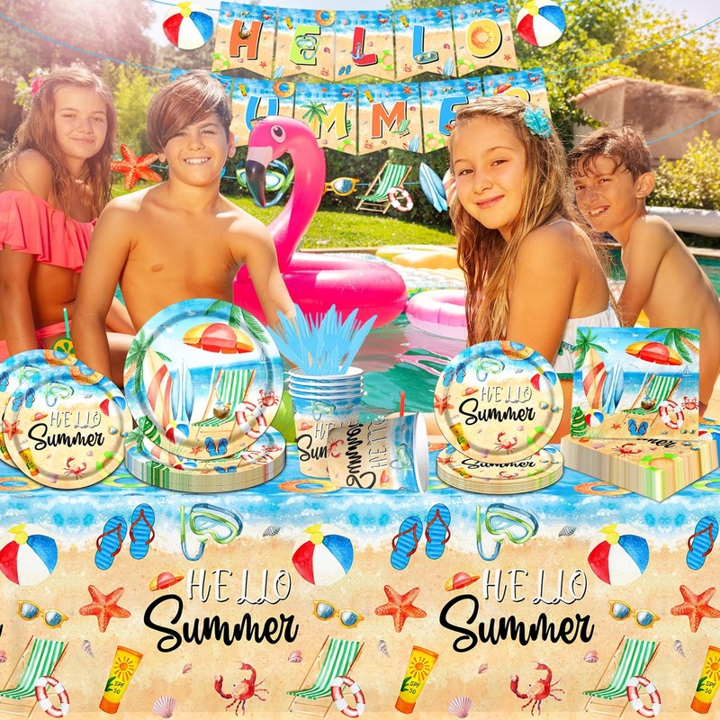 Hello Summer Party Decorations-142Pcs Beach Pool Party Paper Plates and Napki... gallery