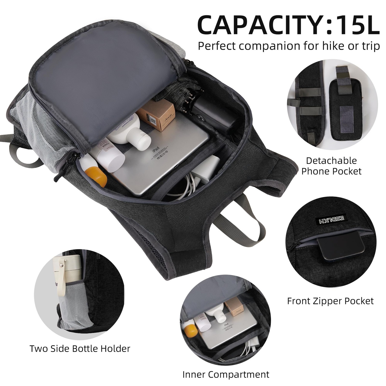 Small Hiking Backpack with Detachable Front Phone Holder, Foldable Packable B... 5