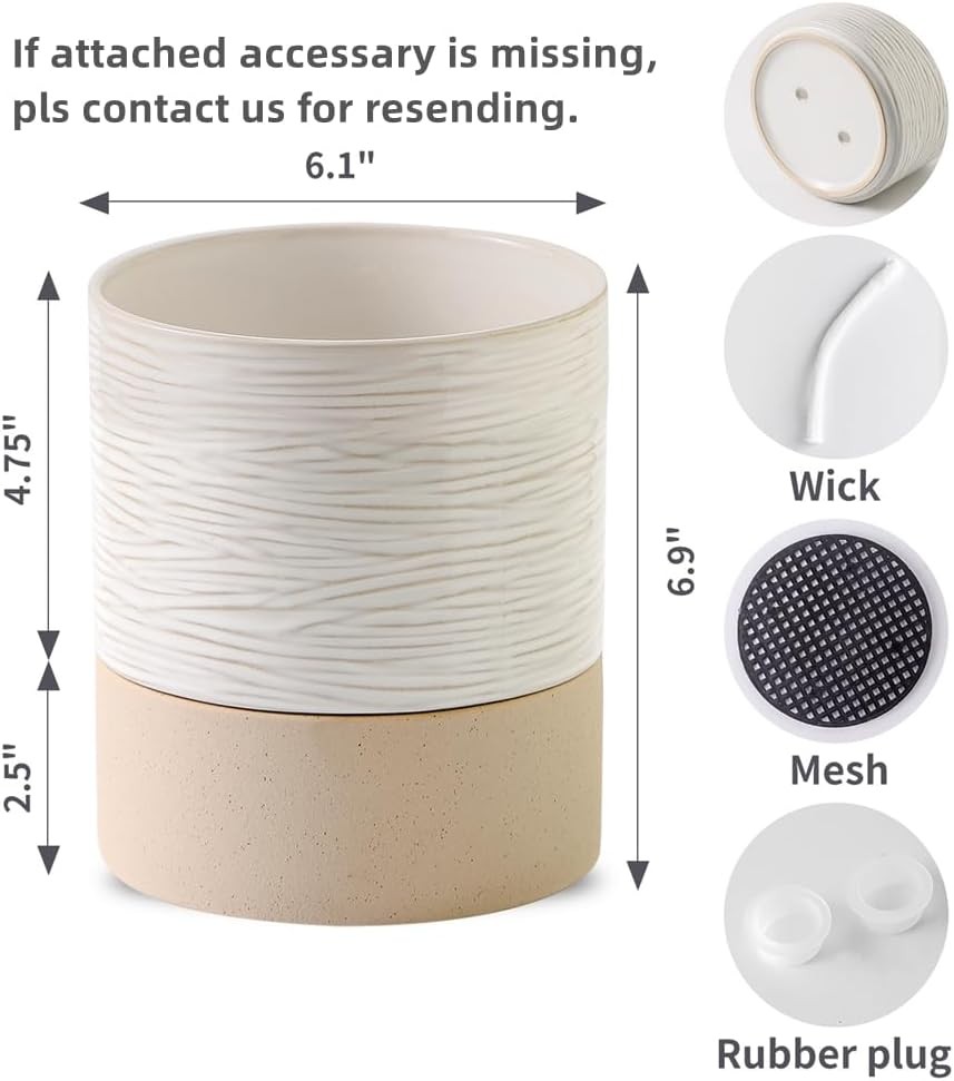 Self Watering Ceramic Plant Pots – 6 Inch White Planter with Drainage Hole & ... gallery