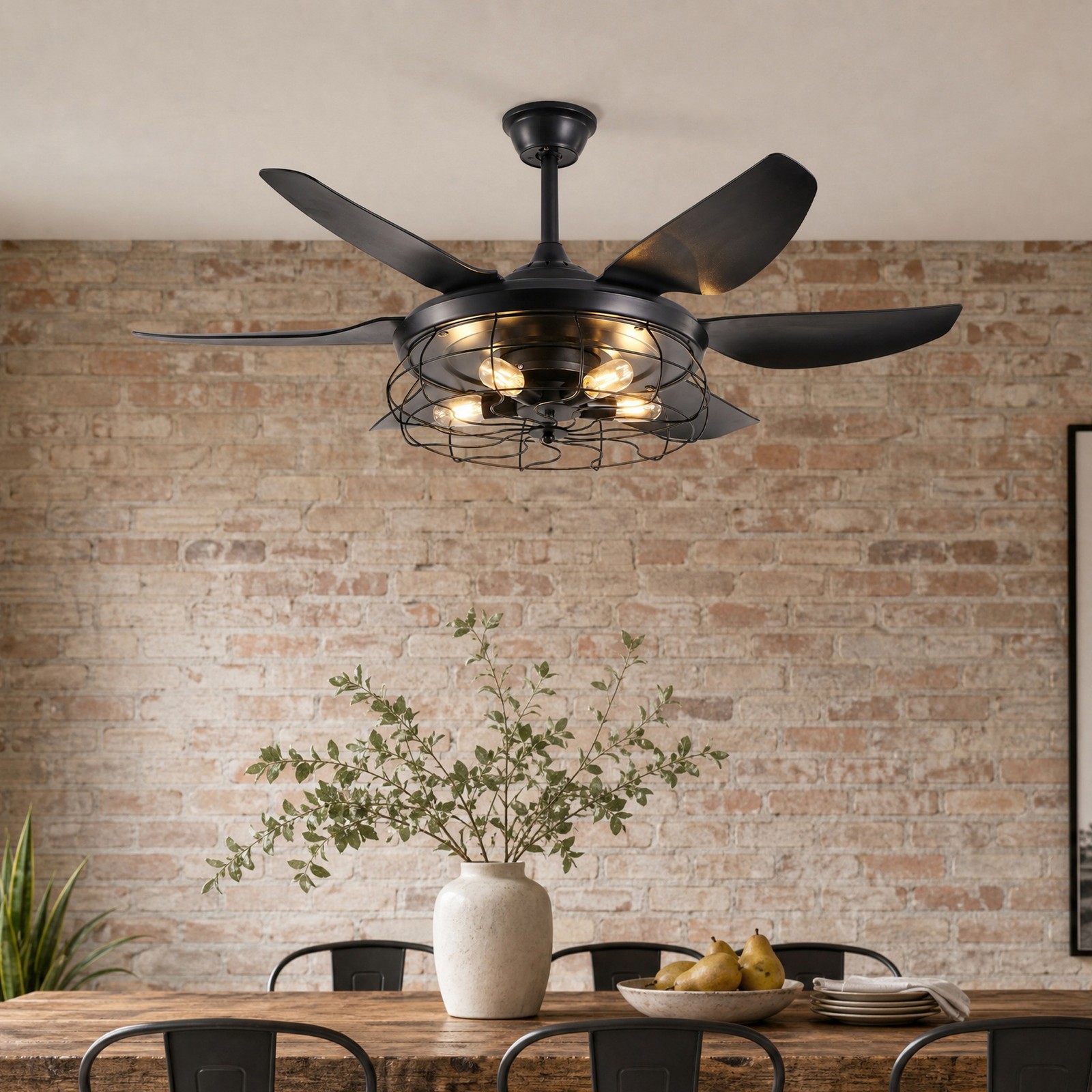 52 inch Modern Black Caged Ceiling Fan Industrial Remote Control Kit with Light gallery