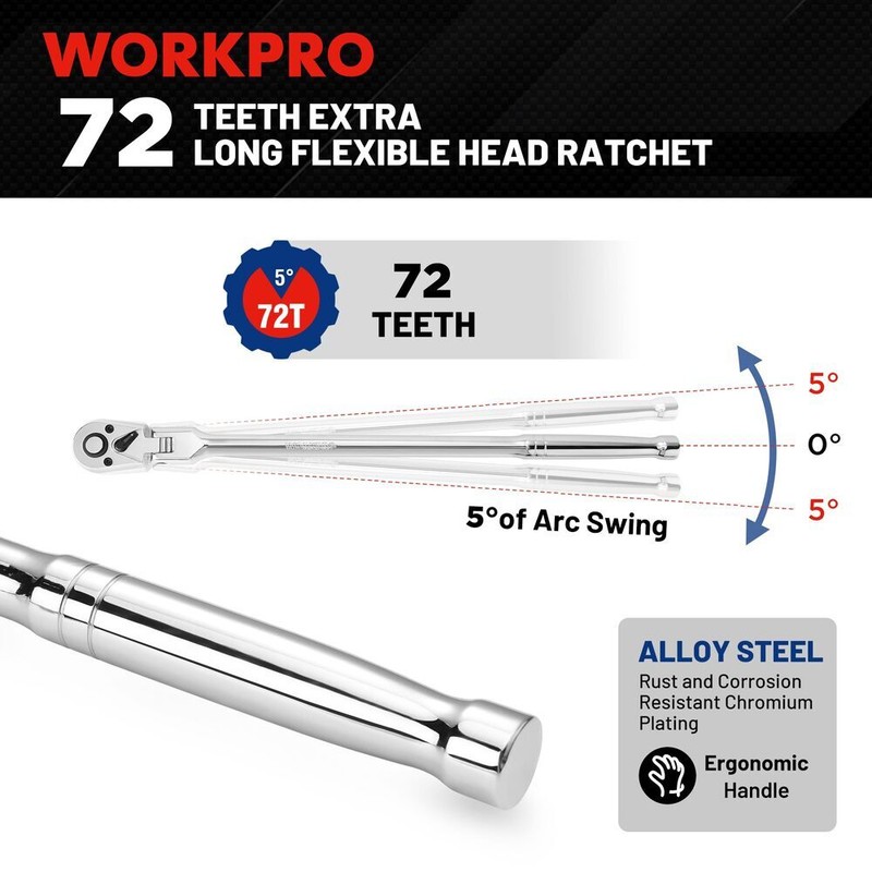 WORKPRO 12" Extra Long Flex Head Ratchet Handle 1/4" Dr Quick Release Reversible gallery