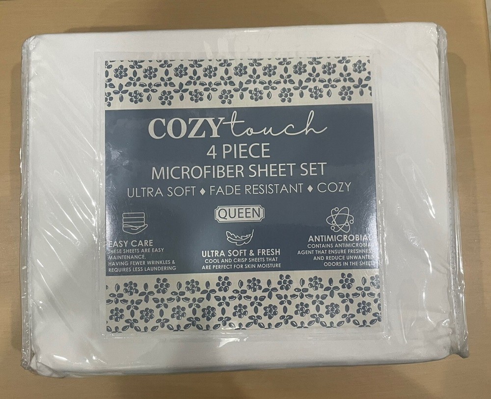 Cozy Touch 4 Pc. Microfiber Sheet Set Antimicrobial Queen Color: White NWT