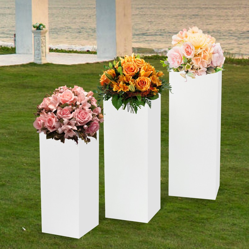 Flower Display Stands White 3 Piece Square Metal Pedestals for Wedding Decor gallery