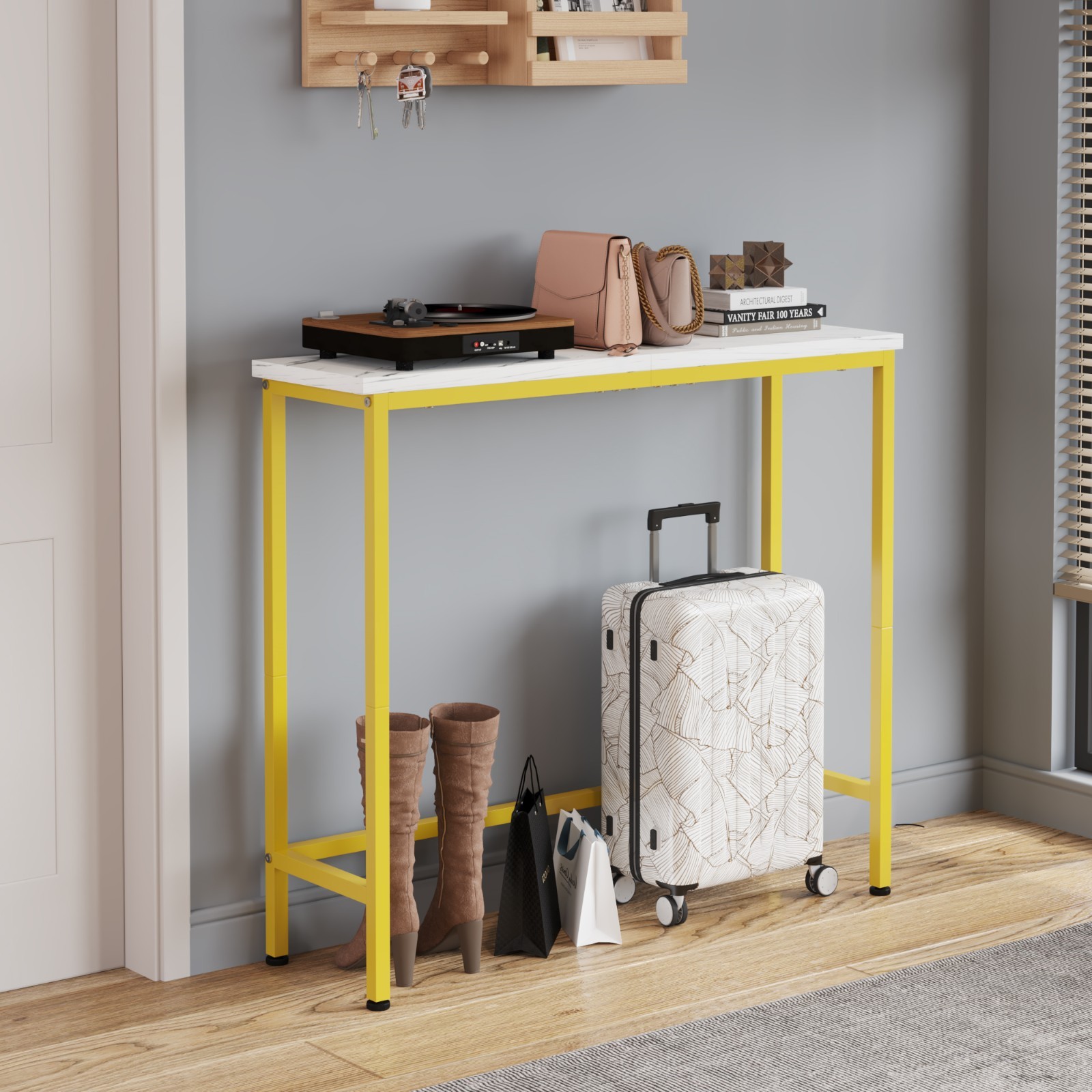 Narrow Console Table MDF Top Golden Metal Frame Slim Sofa Table Storage Shelf gallery