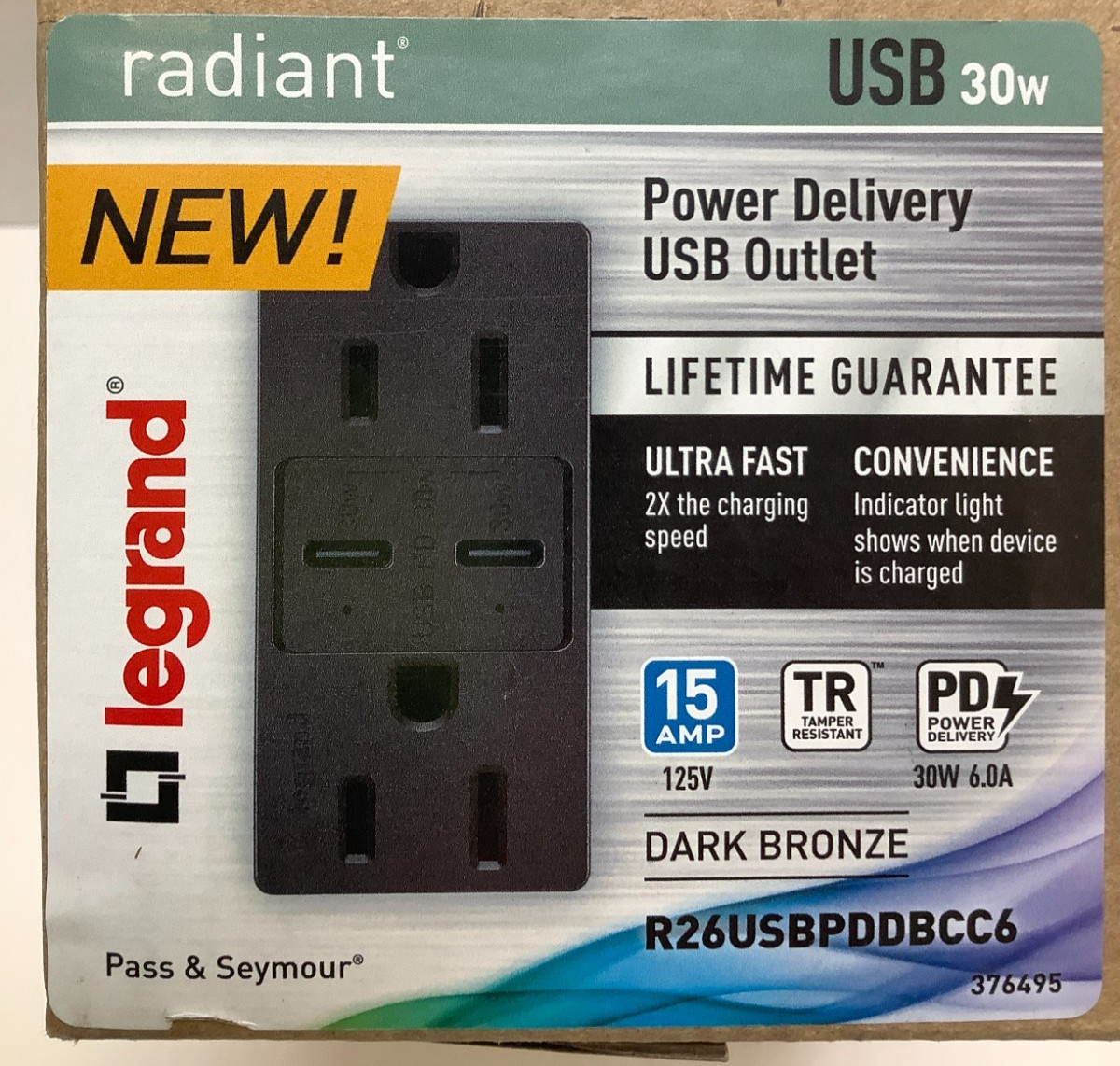 Legrand 15A 125V TamperResistant Duplex Outlet w/2 USB C Ports, Dark Bronze, 6pk gallery