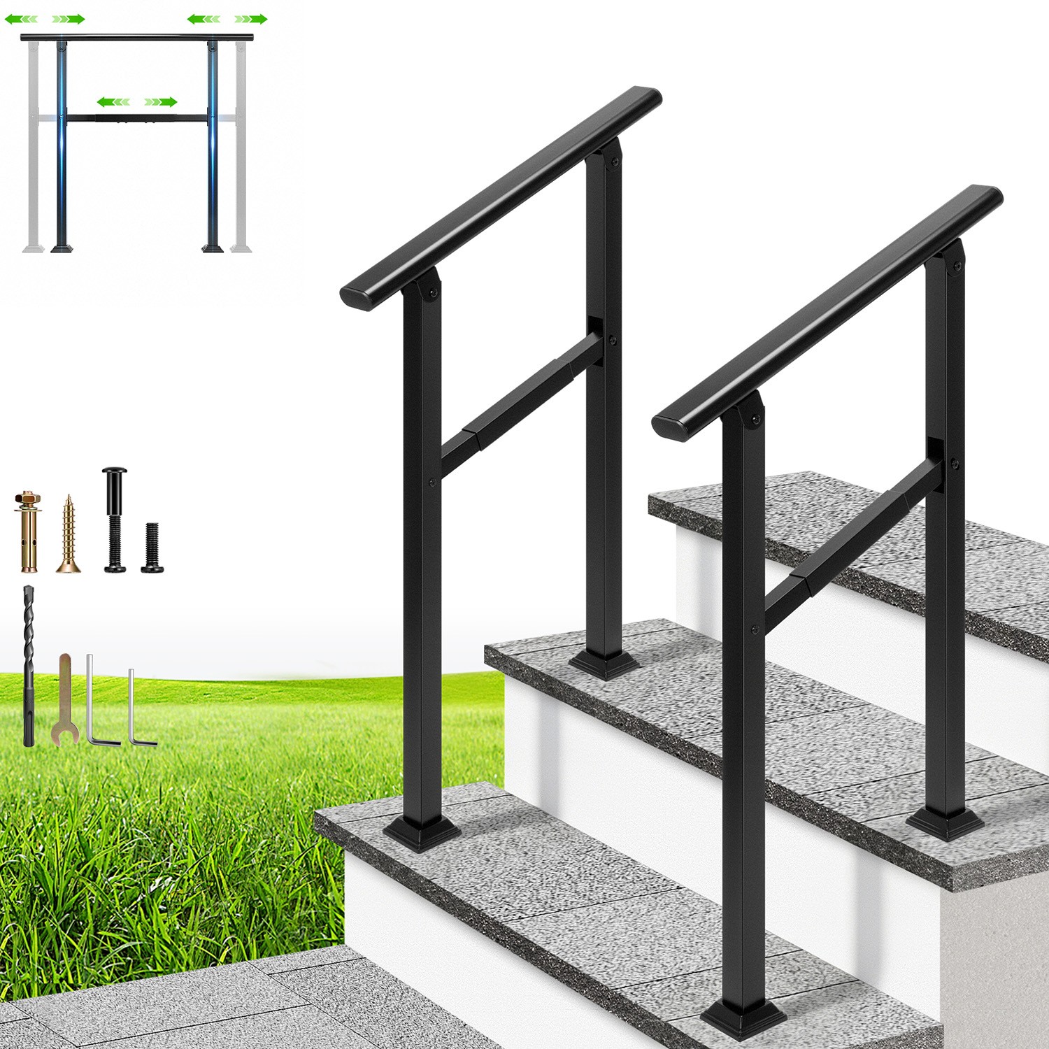 Outdoor Stair Handrail 2 Step Adjustable Railing Galvanized Steel Black 2 Pack gallery