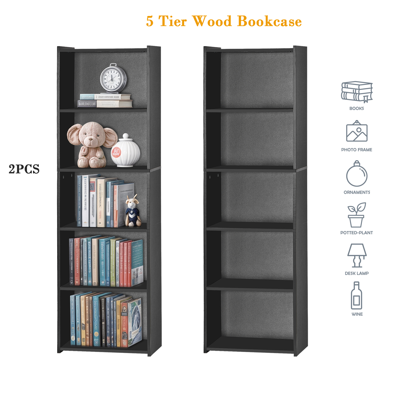 2PCS 5-Tier Bookcase MDF Bookshelf Open Shelf Cube Storage Organizer Unit Black gallery