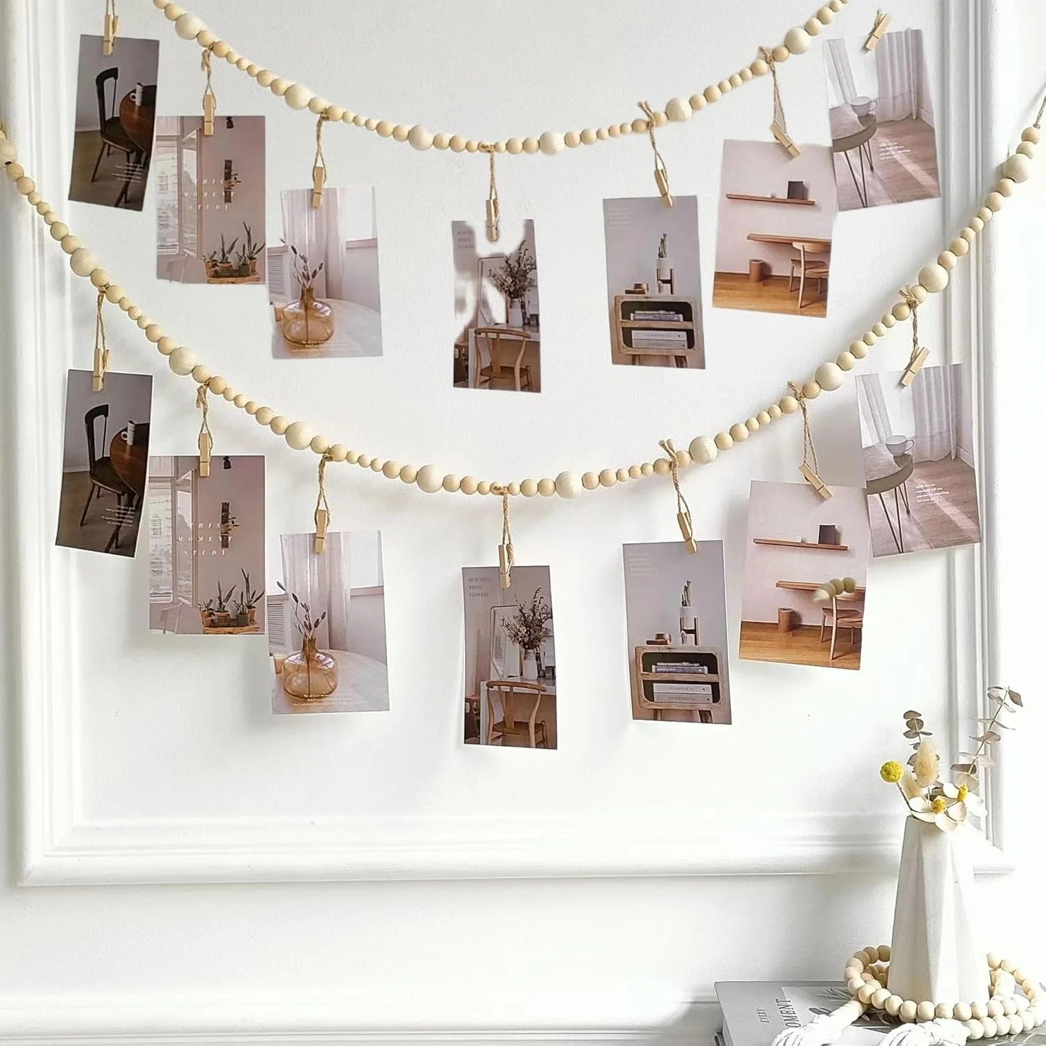 2PCS Hanging Photo Display Wall Decor,Boho Wooden Bead Garland Picture Hanging S gallery