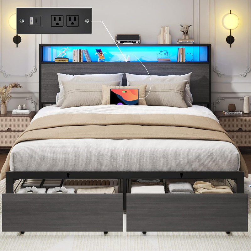 Queen Bed Frame LED Storage Headboard Drawers Charging Metal Rustic Grey gallery