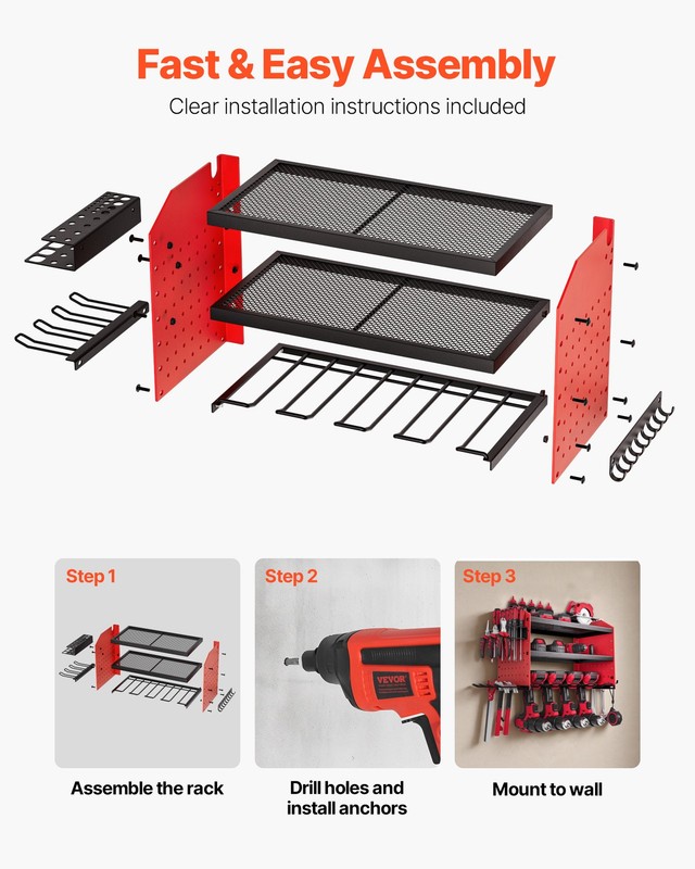 VEVOR Power Tool Organizer Wall Mount 3-Layer Drill Storage Rack 4 Drill Holders gallery