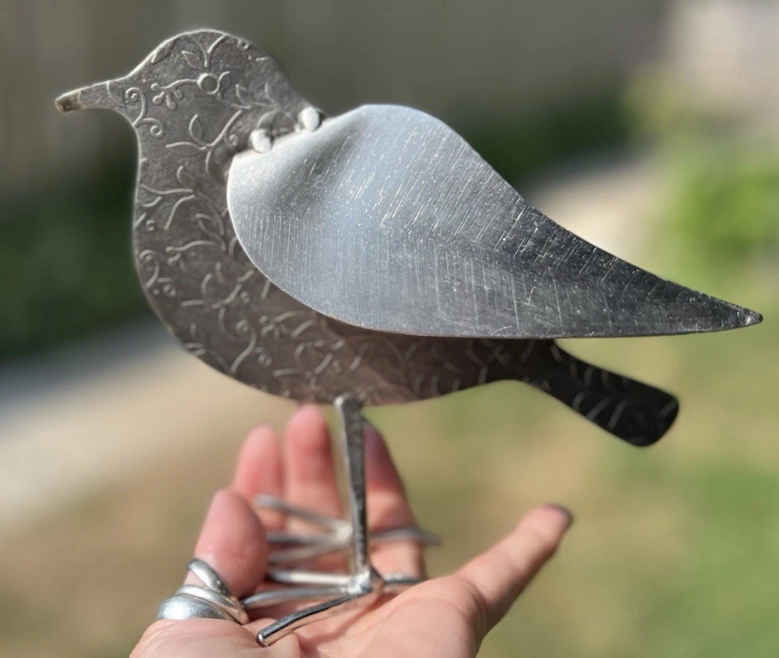 Rustic Metal Bird Figurine Handmade Floral Embossed Folk Art Garden Statue gallery