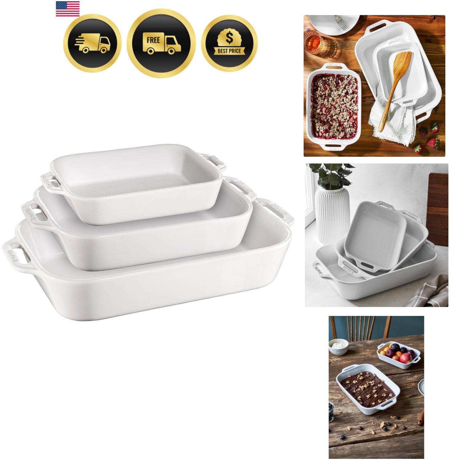 Ceramic 3-pc Rectangular Baking Dish Set - White gallery