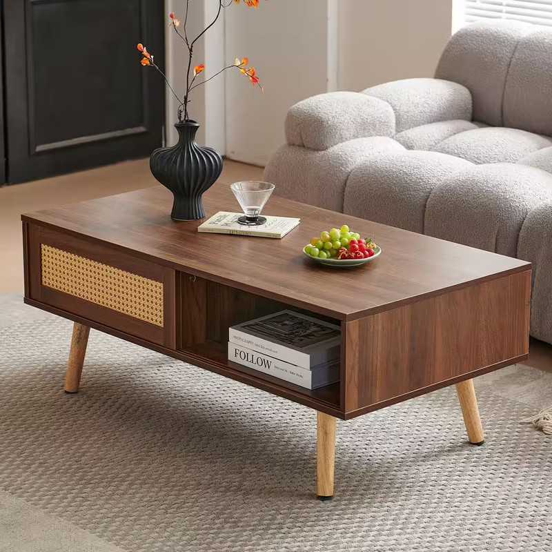 41In. Walnut Rectangle MDF Coffee Table with Rattan Door Storage and Solid Wood gallery