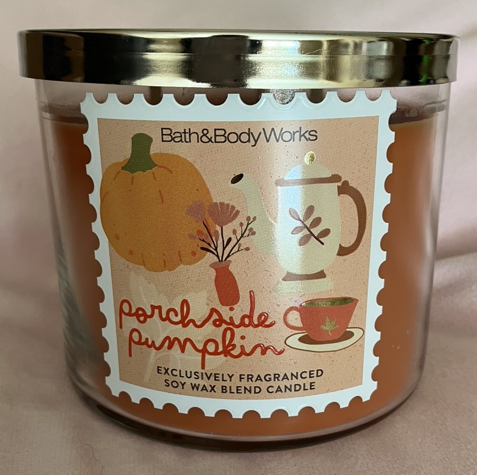 Bath & Body Works PORCHSIDE PUMPKIN Scented 3 Wick CANDLE 25-45 Hrs gallery