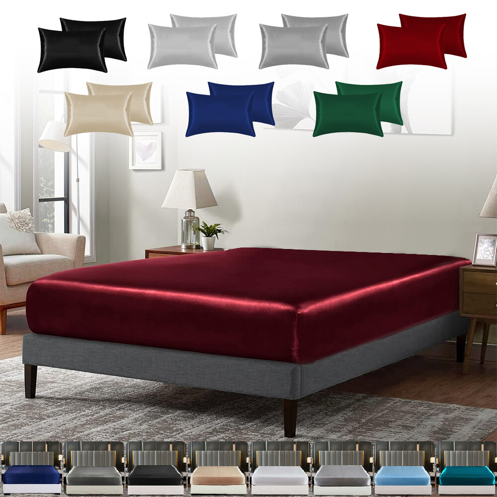 Bed Sheets&Pillowcase Set Luxury Satin Silk Sheet Deep Pocket Free Wrinkle Fade gallery