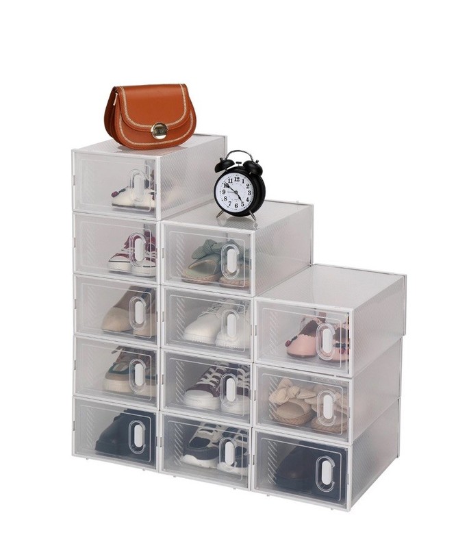 Stackable (12 Pack) White Shoe Storage Organizer Boxes with Magnetic Doors gallery