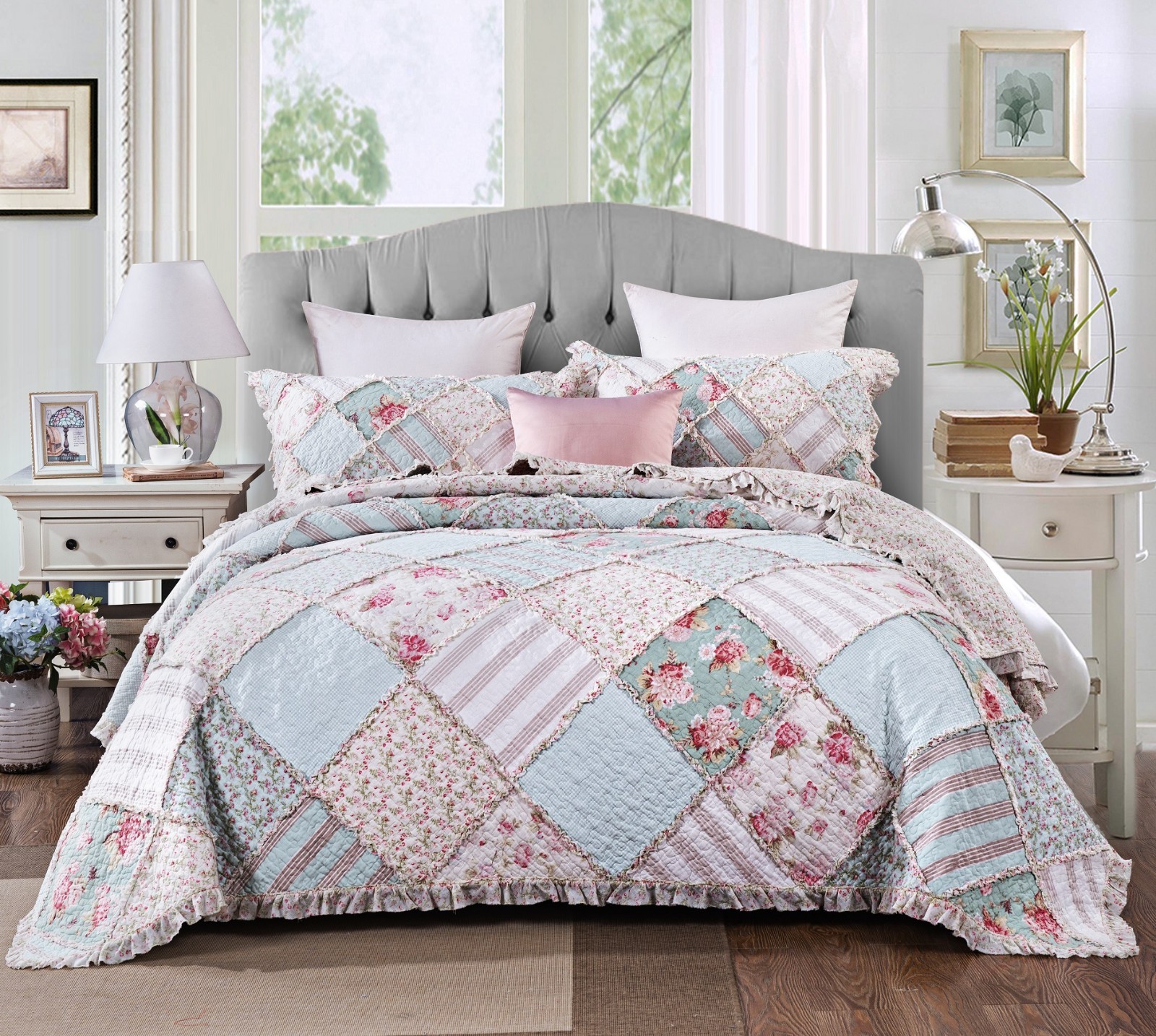 DaDa Bedding Cottage Mint Floral Pastel Cotton Patchwork Bedspread Quilt Set gallery