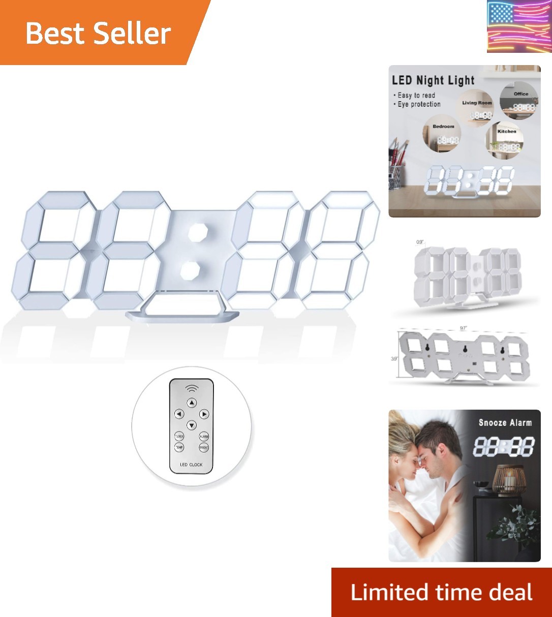 3D LED Digital Wall Clock/Desk Alarm Clock with Remote Control for Kitchen Be... gallery