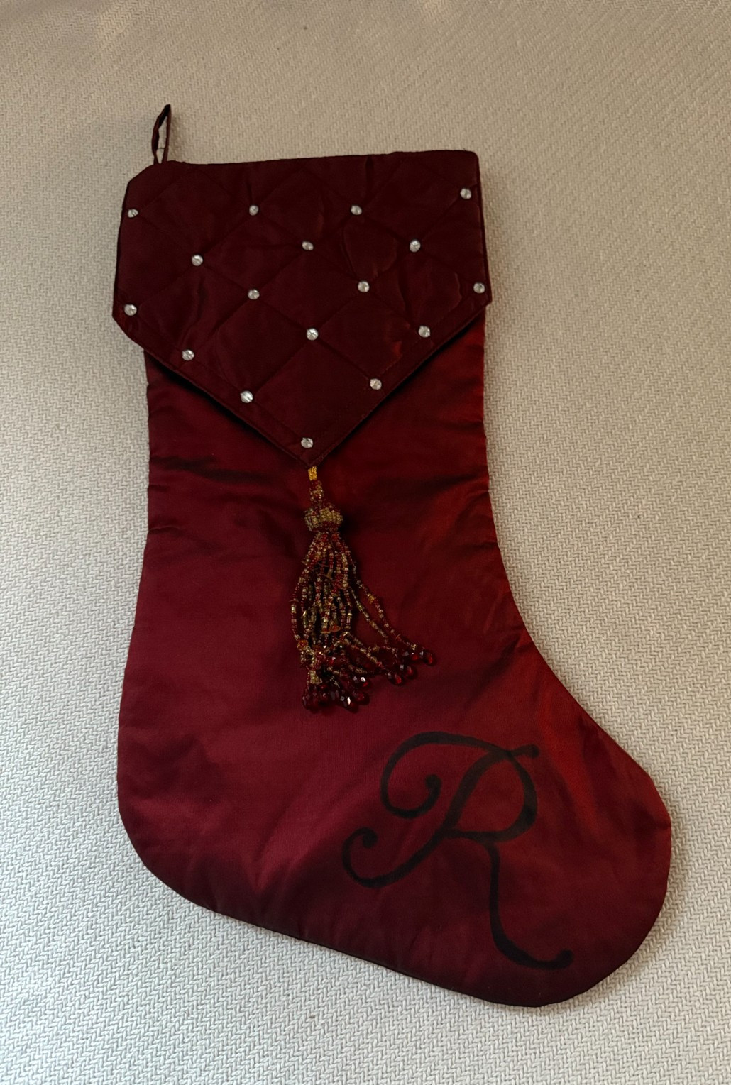 Christmas Stocking Maroon Black Undertones Beaded Tassel Letter R on Toe gallery