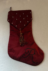 Christmas Stocking Maroon Black Undertones Beaded Tassel Letter R on Toe