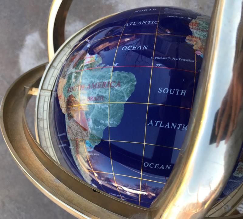 Globe Lapis Lazuli with Gemstones, Compass and Gold Plated Brass Stand 14" Tall gallery
