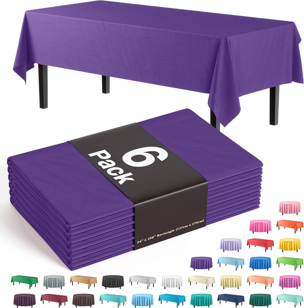 Party Solids 6-Pack Premium Plastic Tablecloth 54in. x 108in. Rectangle Plastic