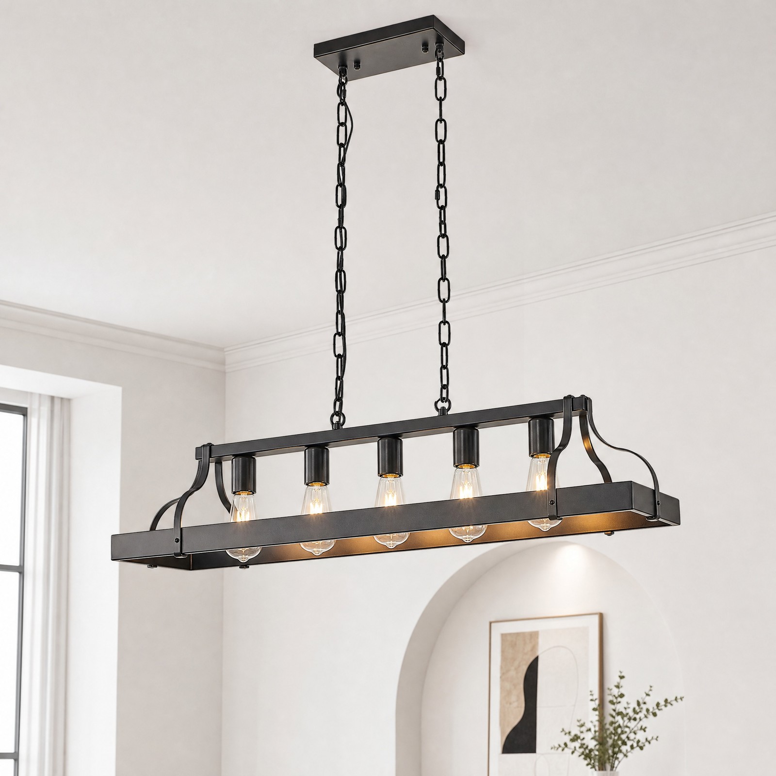34'' Pendant 5 Light LED Linear Chandelier for Kitchen Living Room Black Fixture gallery