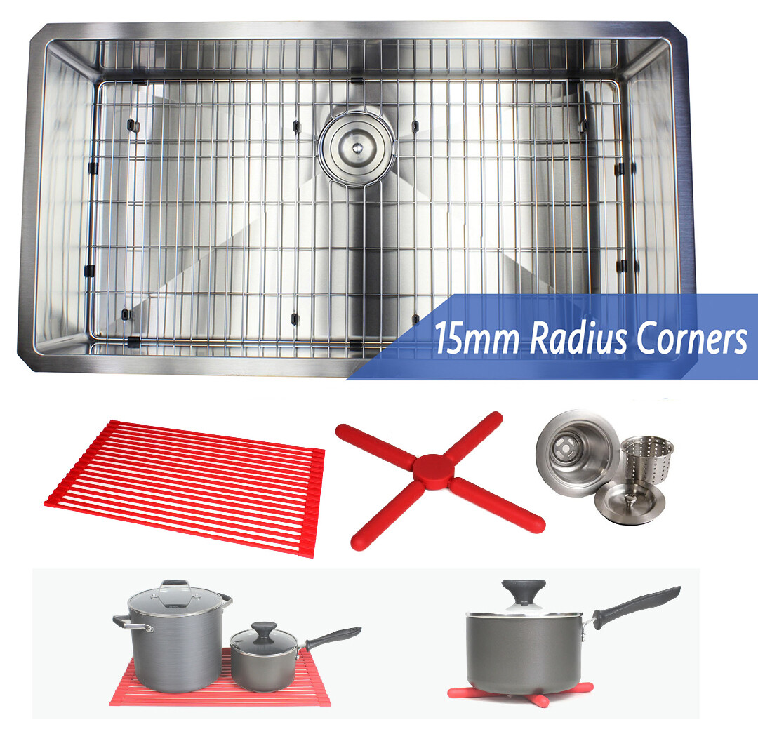 36" 15mm Radius Square Stainless Steel Single Bowl Kitchen Sink Combo 16G gallery