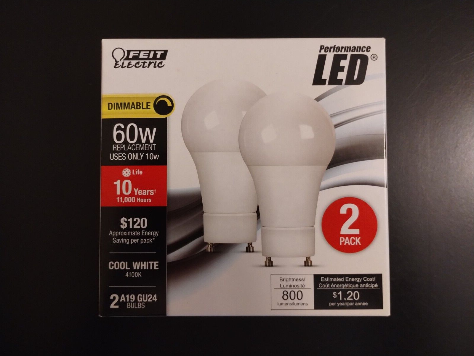 2 Pack - Feit Electric A19 GU24 2 PIN LED Dimmable 800 Lumens 10W/60W Equivalent gallery