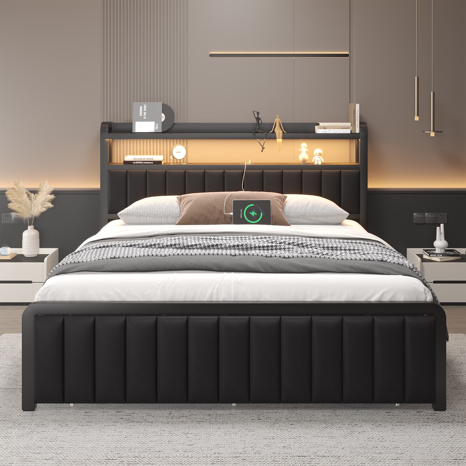 Full/Queen Size Bed Frame with 2-Tier Storage Headboard and Storage Drawers gallery